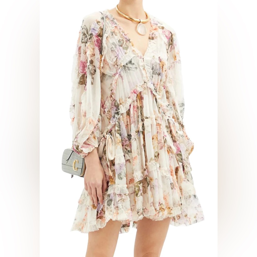 Zimmermann Brighton Ruffled Floral-Print Cremona Mini Dress w Slip